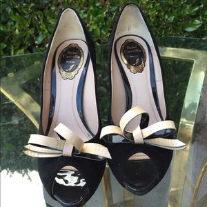 Rene Caovilla Italy Black Bow Pump Heels Silver 38